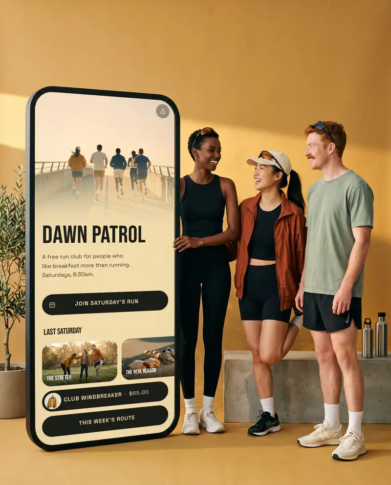 The Dawn Patrol run club beside a giant phone showing their Olaa page