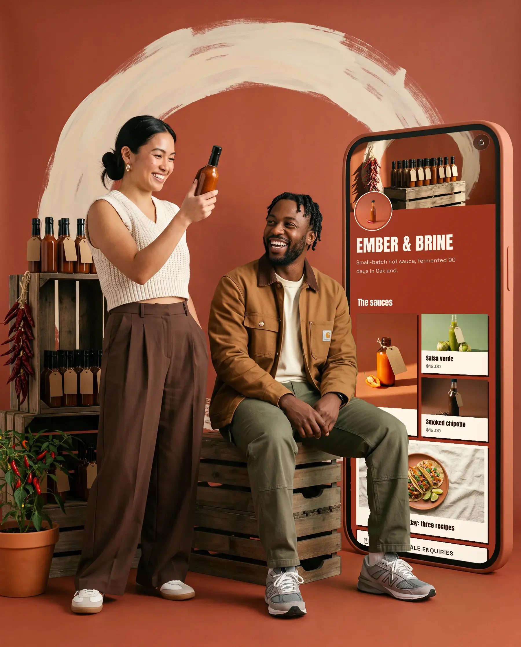 Mira and Jonah of Ember & Brine beside a giant phone showing their Olaa page