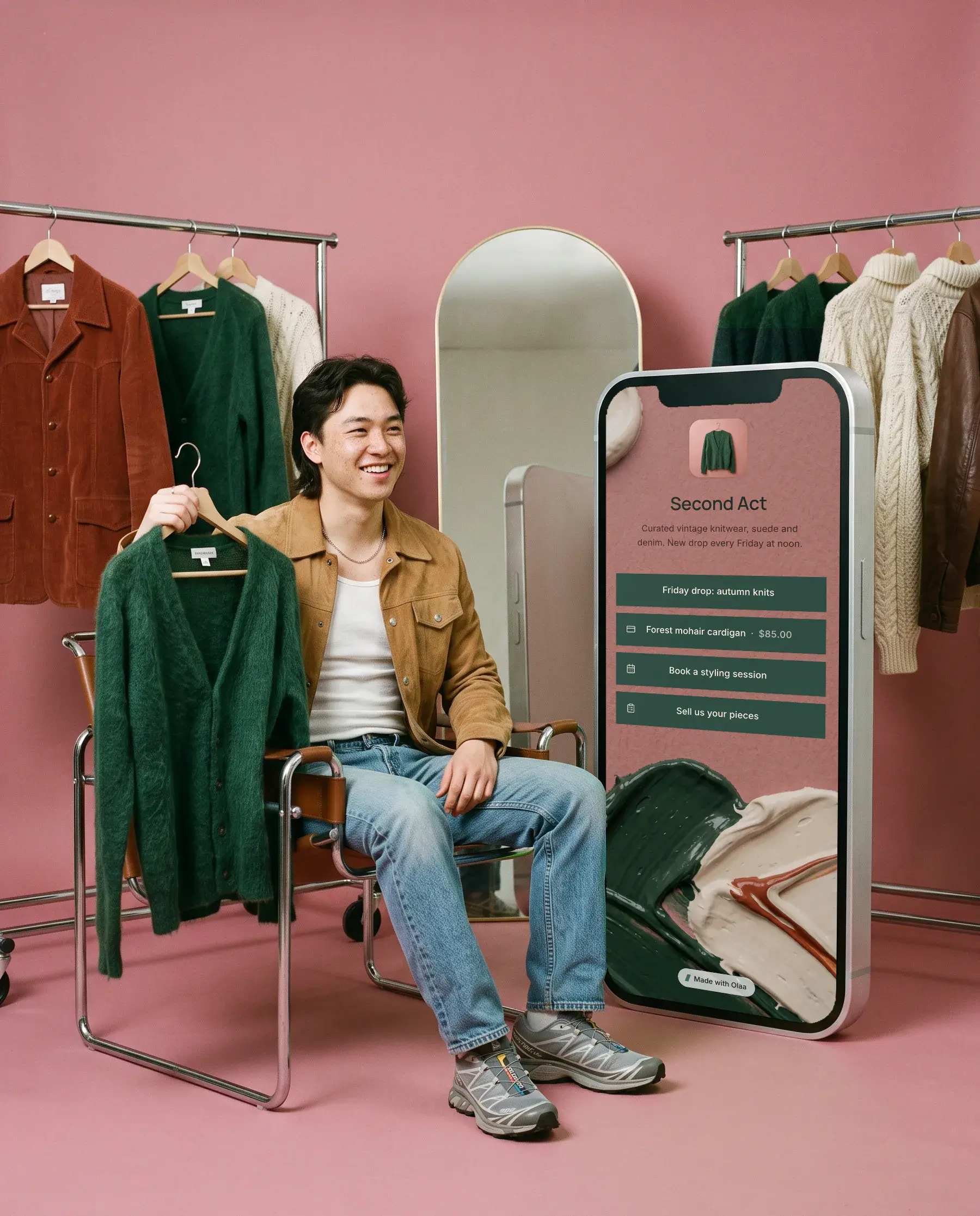 Kai, owner of the vintage shop Second Act, grinning in his showroom beside a giant phone that shows the shop’s Olaa page
