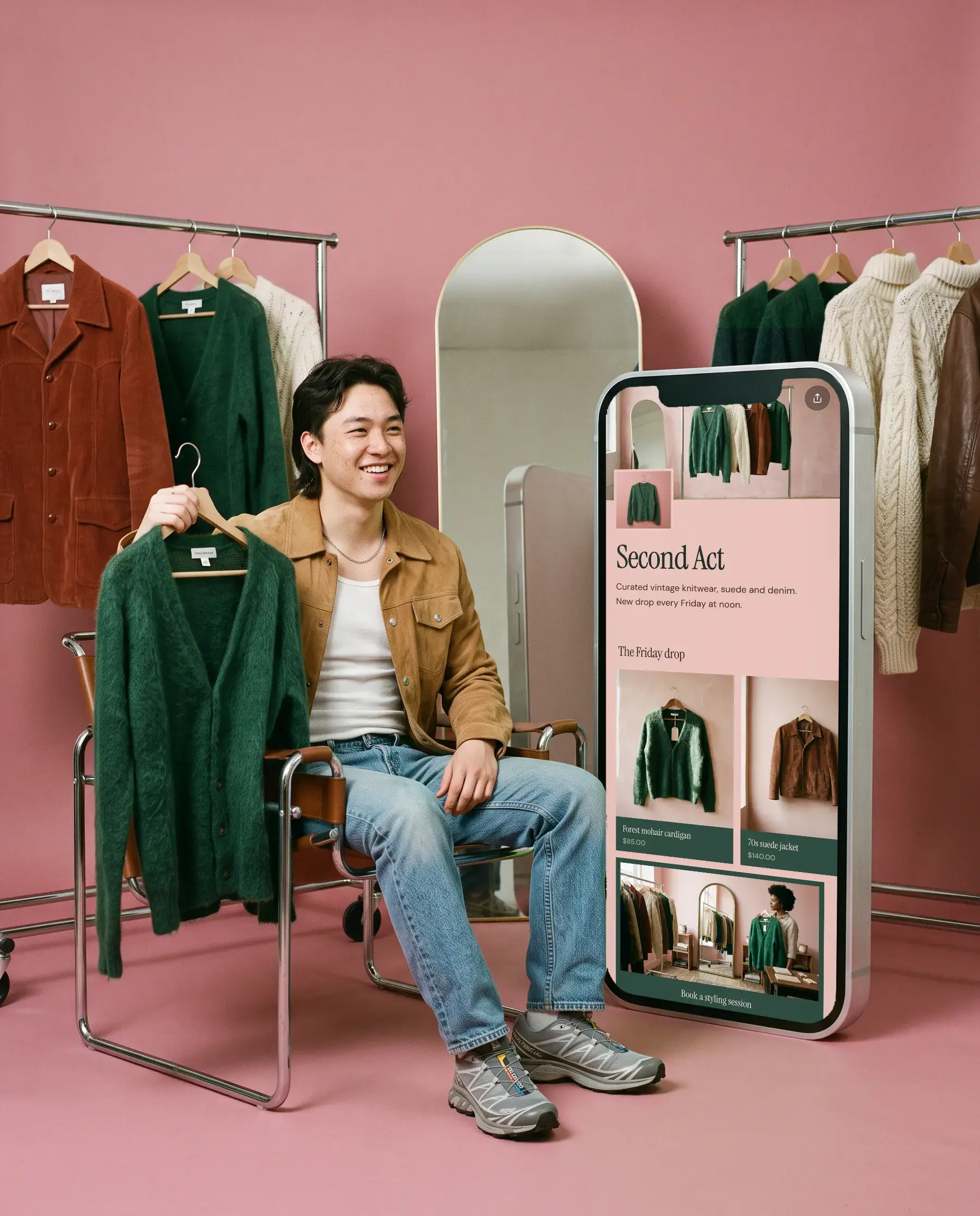 Kai, owner of the vintage shop Second Act, beside a giant phone showing the shop’s Olaa page