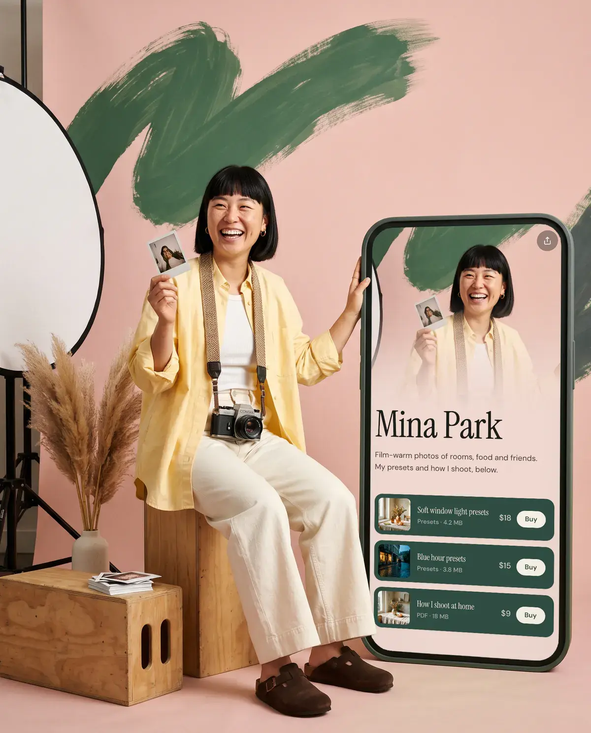 Mina Park, a photographer, beside a giant phone showing her Olaa page with her presets and guide for sale