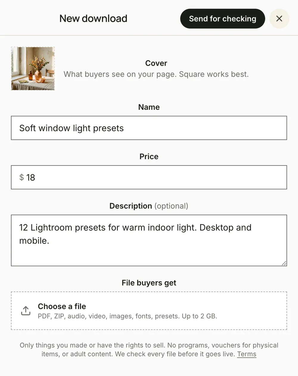 The New download form: a cover photo, Soft window light presets, $18 and a description