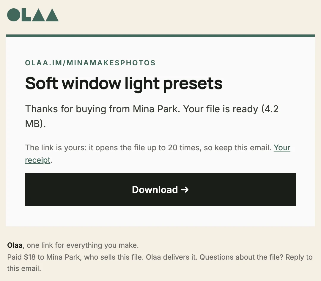 The buyer’s email: Thanks for buying from Mina Park. Your file is ready, with a Download button