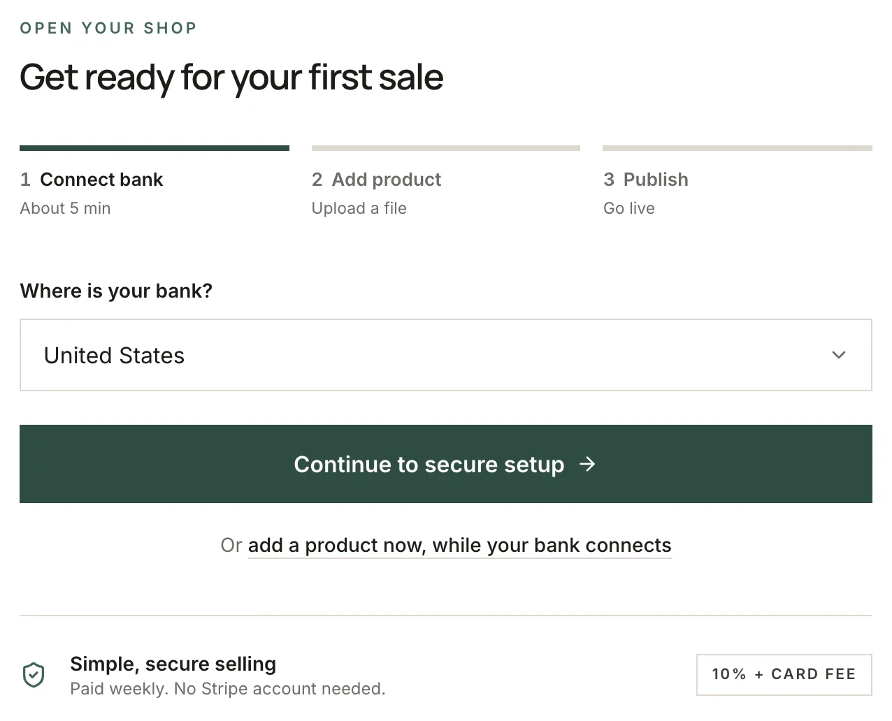 Olaa’s Sell setup: Where is your bank? United States, and Continue to secure setup
