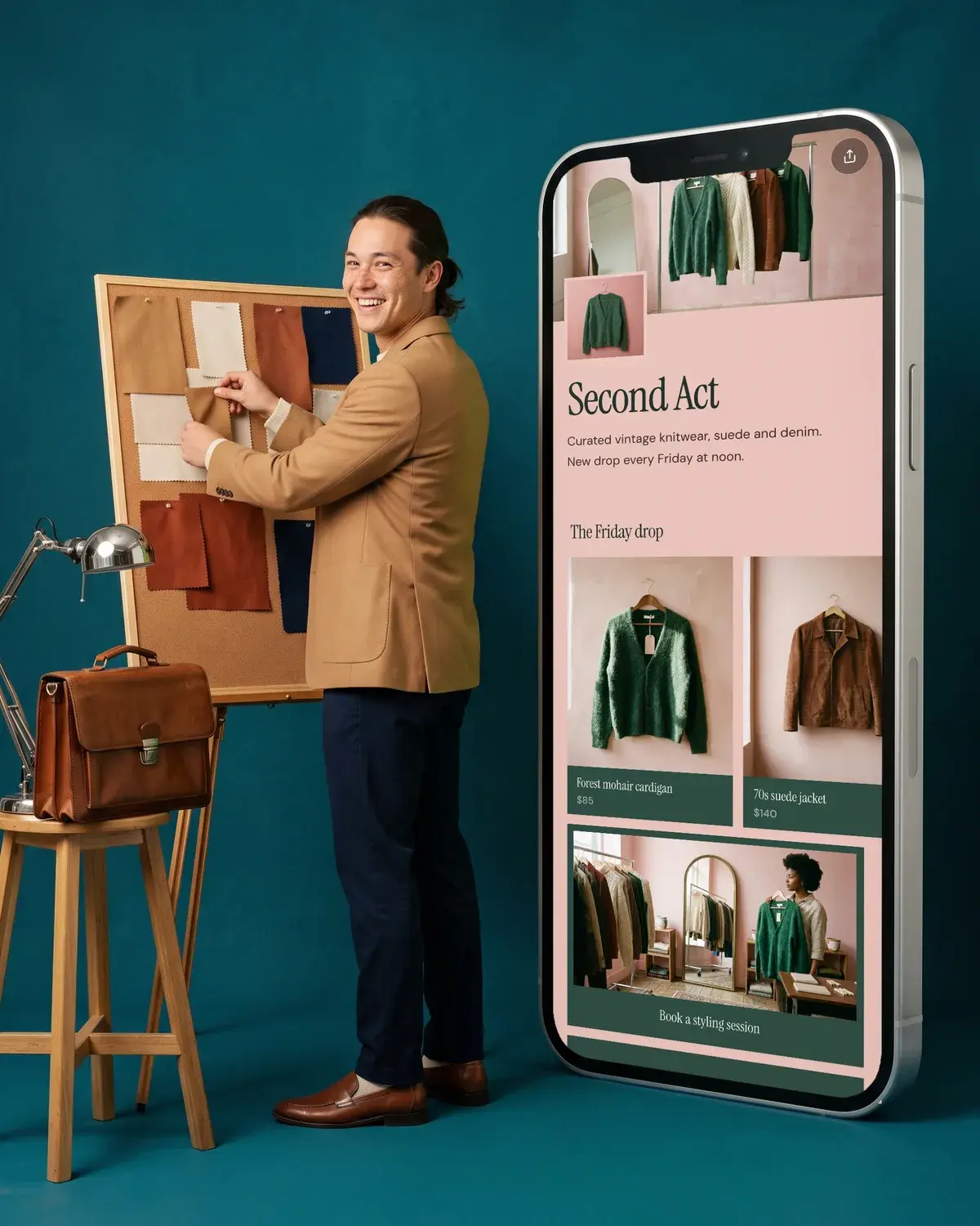 A vintage seller in a blazer pins fabric swatches beside a giant phone showing the Second Act page