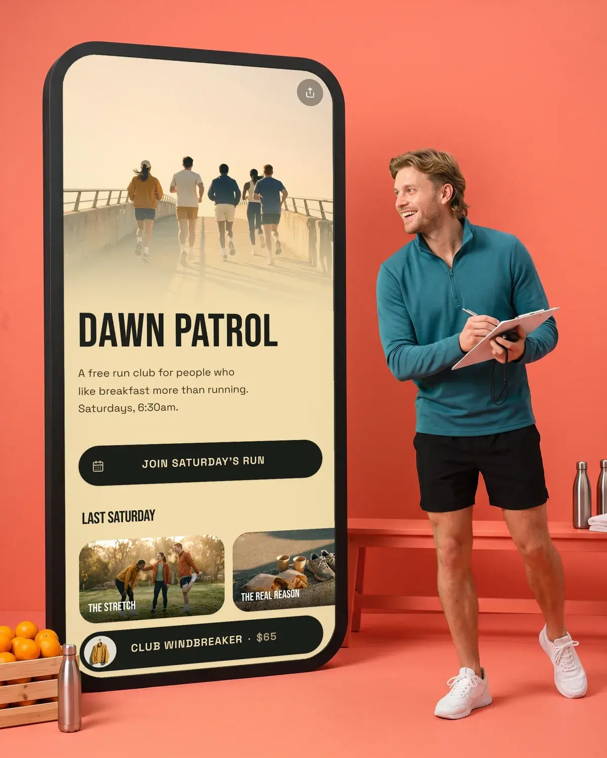 A run coach ticks a clipboard on a coral set beside a giant phone showing the Dawn Patrol page