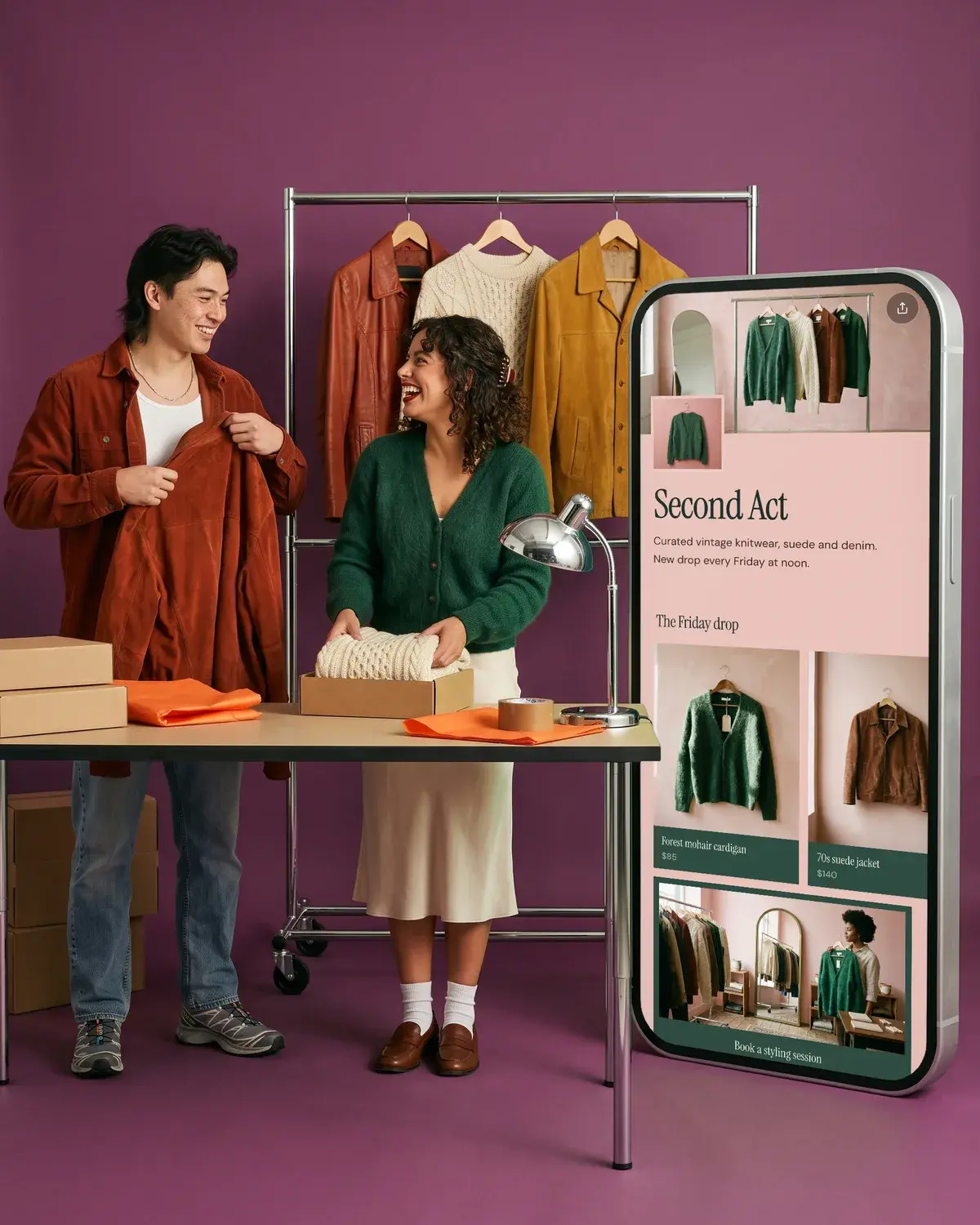Two vintage sellers pack orders on a plum set beside a giant phone showing the Second Act shop page