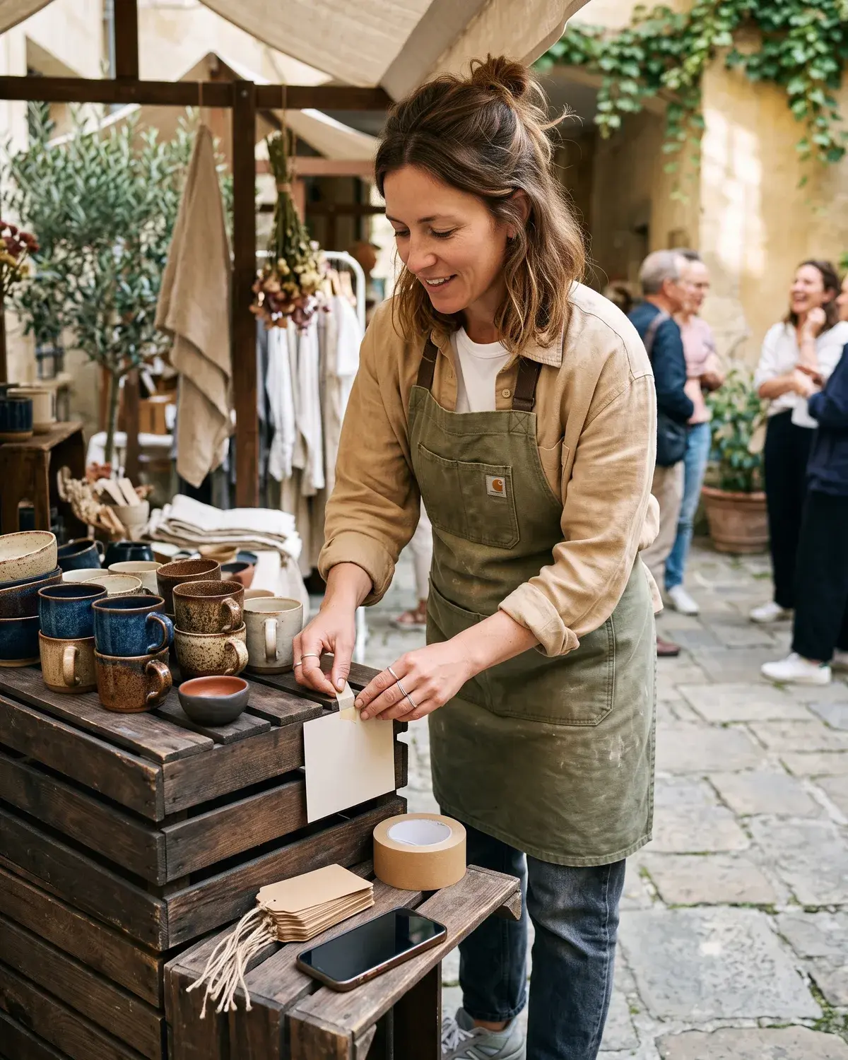 A ceramicist taping a printed square code card to a wooden crate of mugs at an outdoor market stall
