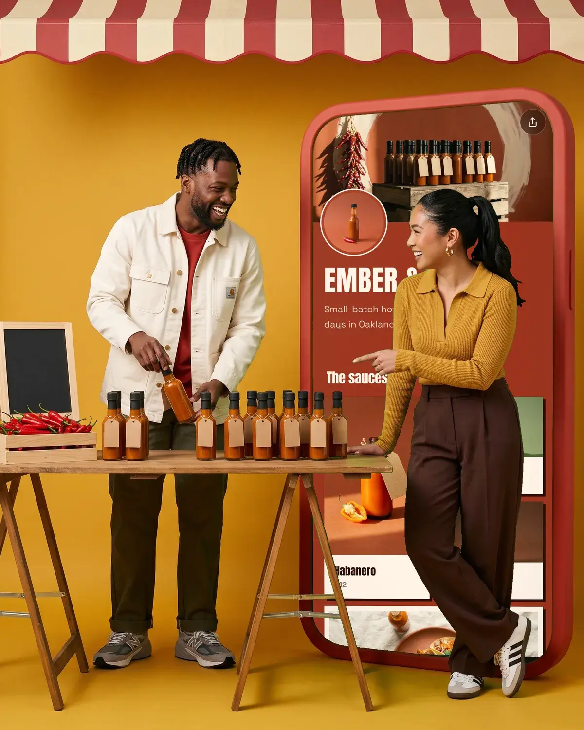 Hot sauce founders at a market stall beside a giant phone showing the Ember & Brine page
