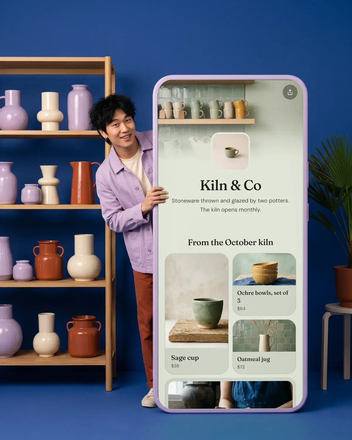 A potter peeks out from a shelf of vases beside a giant phone showing the Kiln & Co page