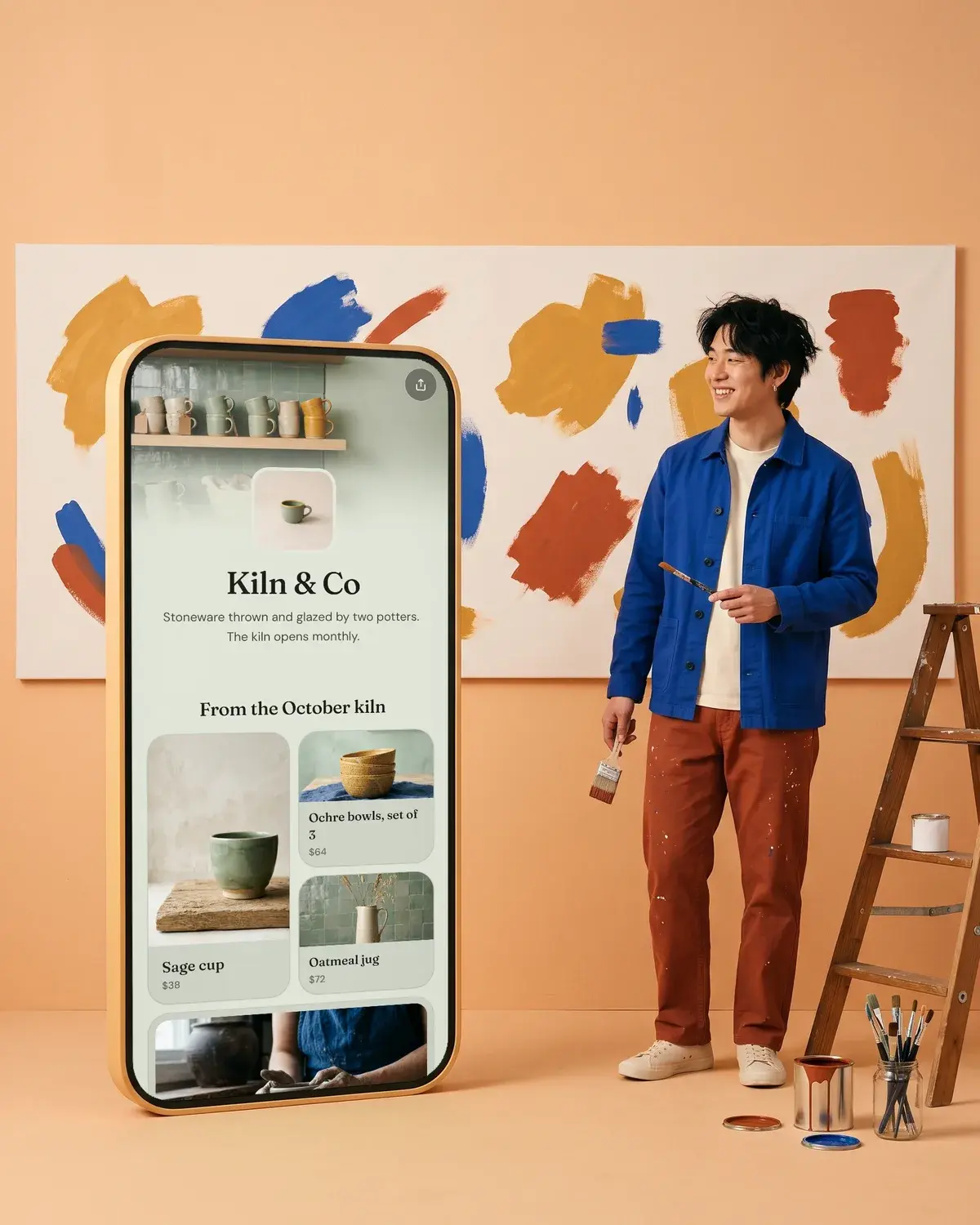 A potter steps back from a wide painted banner beside a giant phone showing the Kiln & Co page